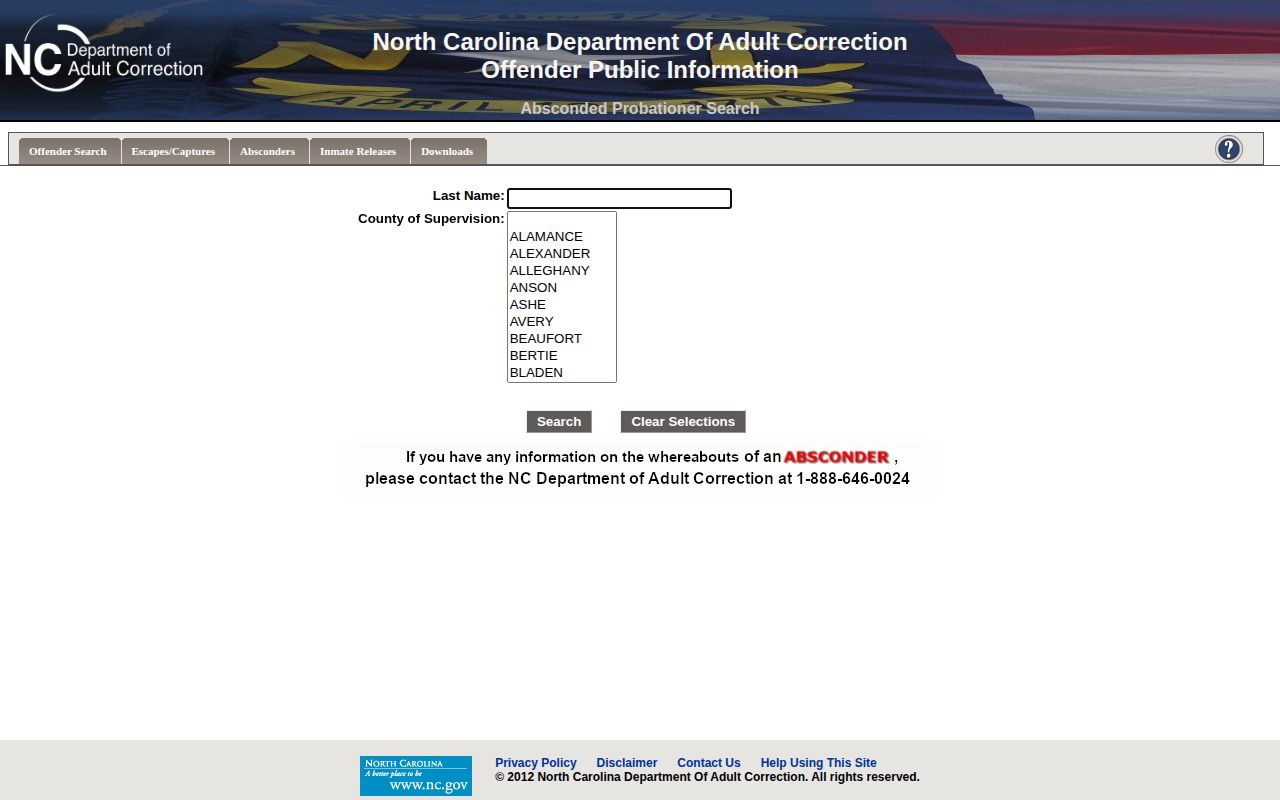 NCDAC absconder search for Orange County probation and parole records